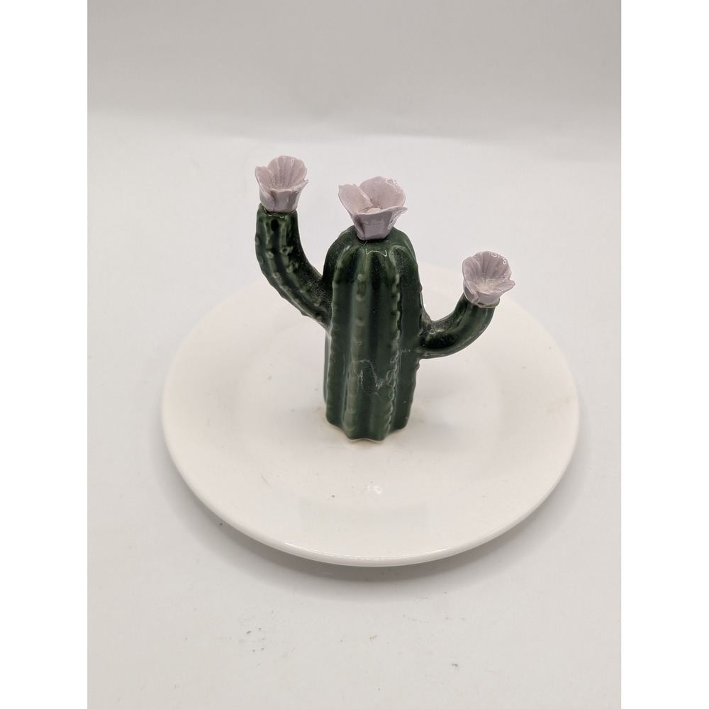 Ceramic Cactus Jewelry Dish Ring Holder Green Saguaro with Lavender Flowers 4in‎
